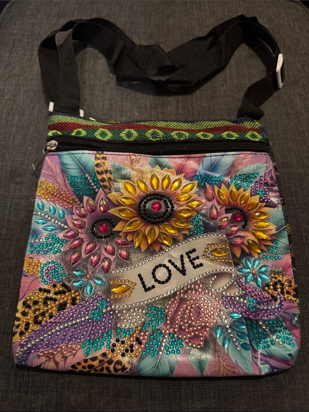 Embellished Floral 'LOVE' Crossbody Bag - Multicolor